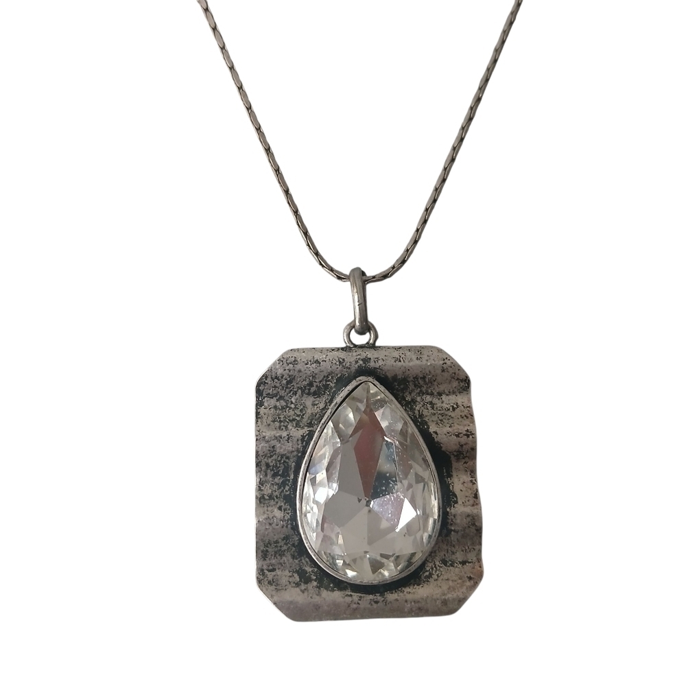Vintage 80's Teardrop Pendant Necklace Crystal Glass Metal Artisan Steampunk